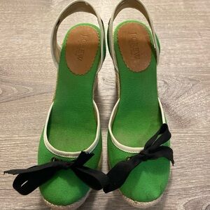 SOLD- J.Crew Espadrille Canvas Wedge Heel - Green Black Bow, Size 7M